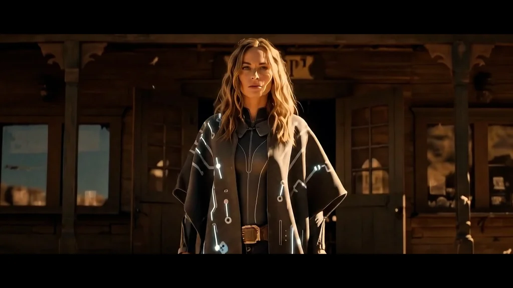 AI-generated film scene in cinematic western style featuring a blond-haired woman in dramatic lighting.