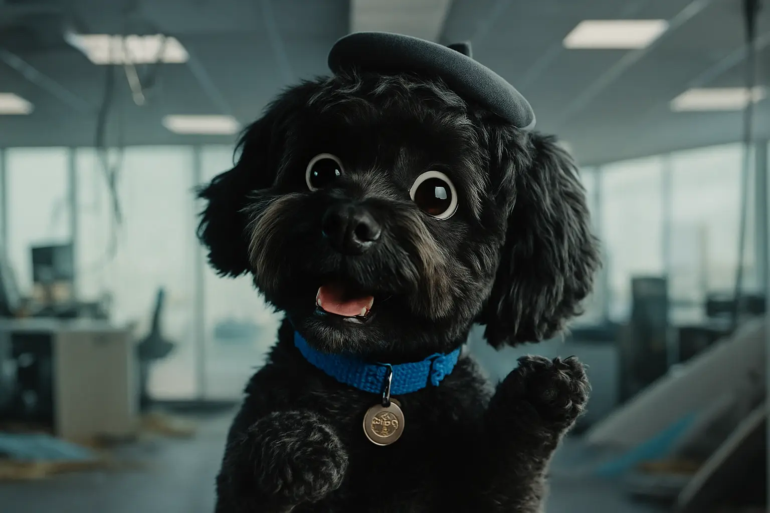 Lulu the dog sitting in an office, thumbnail for an AI-powered aadd video by VAI Motion