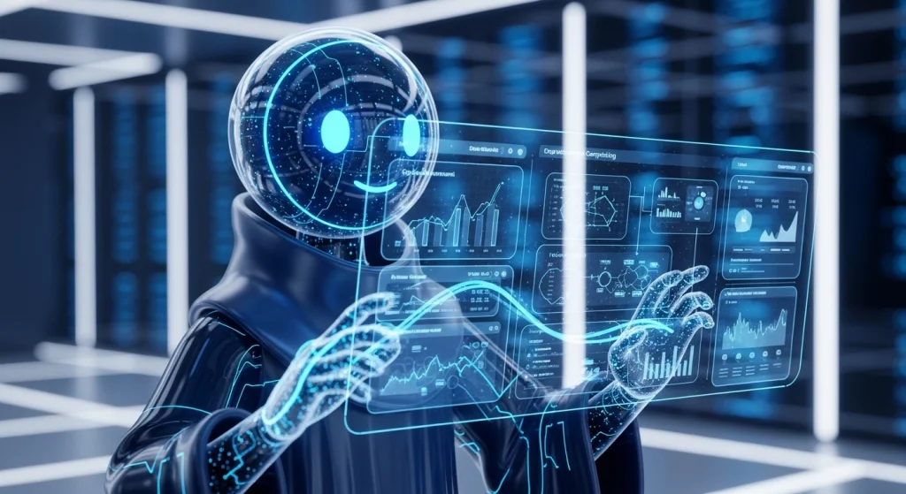 Futuristic AI assistant interacting with holographic interface in a high-tech marketing environment.
