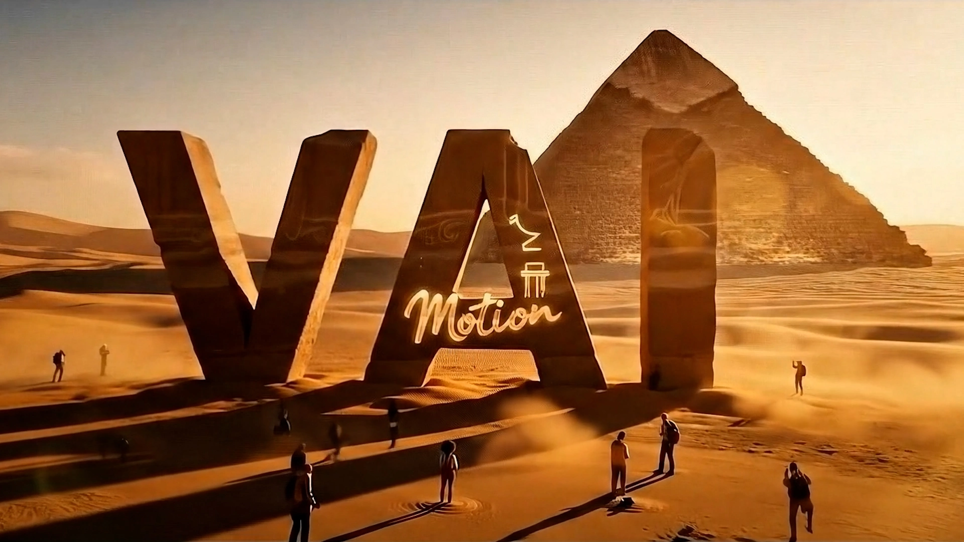 Futuristic desert landscape with pyramids and a large VAI Motion logo, symbolizing transformation and the future of AI-powered video storytelling.