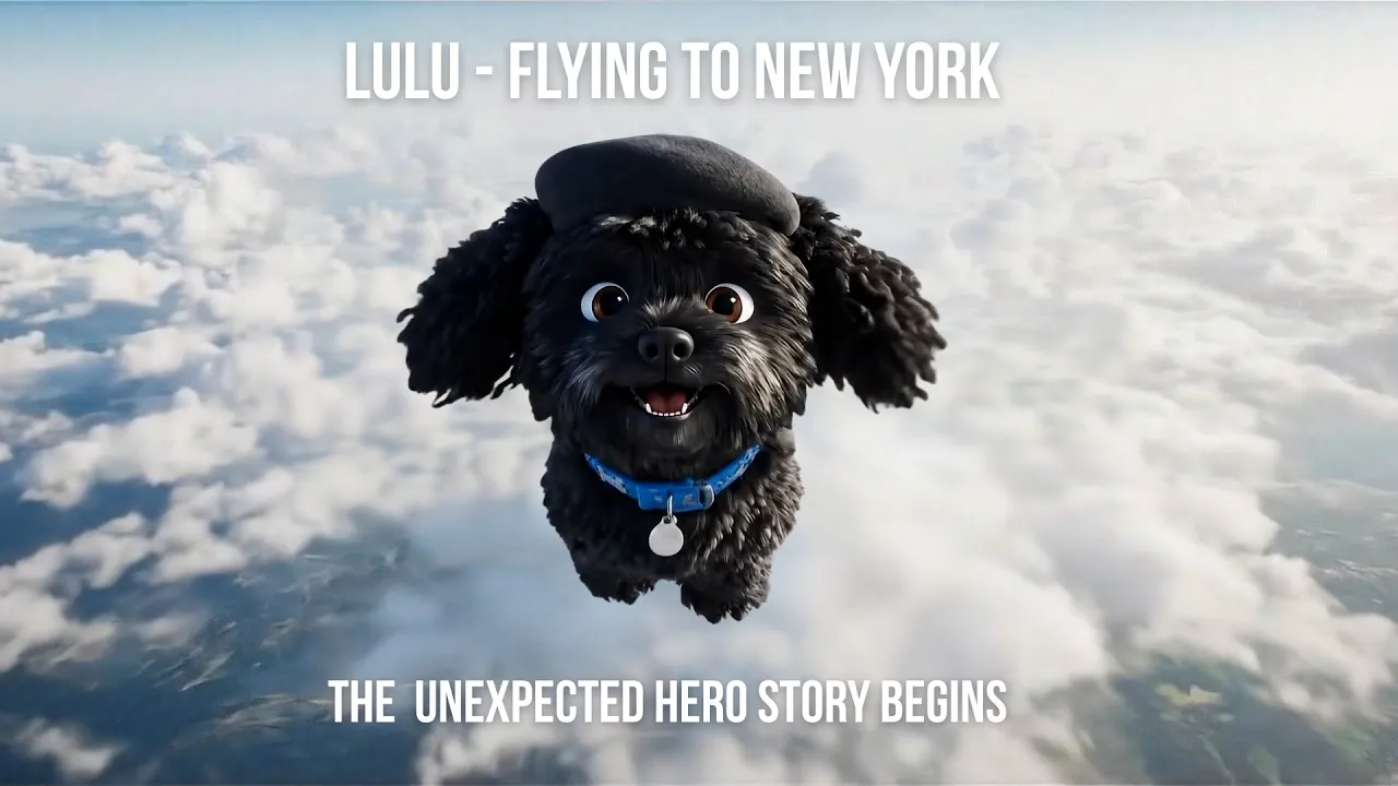 Lulu the black dog flying above the clouds in an AI-generated cinematic scene, part of VAI Motion's official brand film.