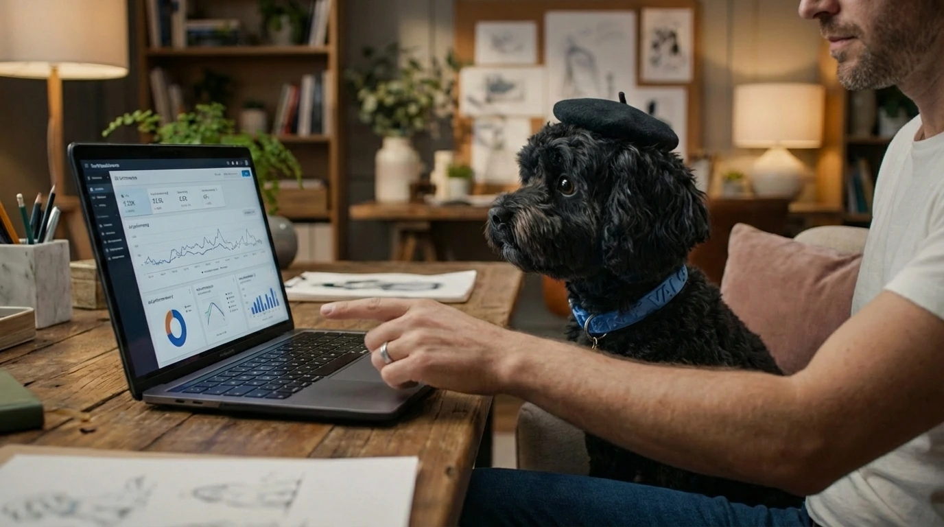 Marketing strategist analyzing Google Ads and Facebook campaign performance on a laptop next to Lulu, the VAI Motion mascot dog wearing a beret.